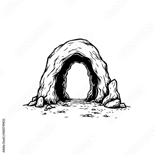 Mysterious cave entrance sketch with natural rock formation invites exploration adventure illustration vector detailed and intriguing artistic drawing
