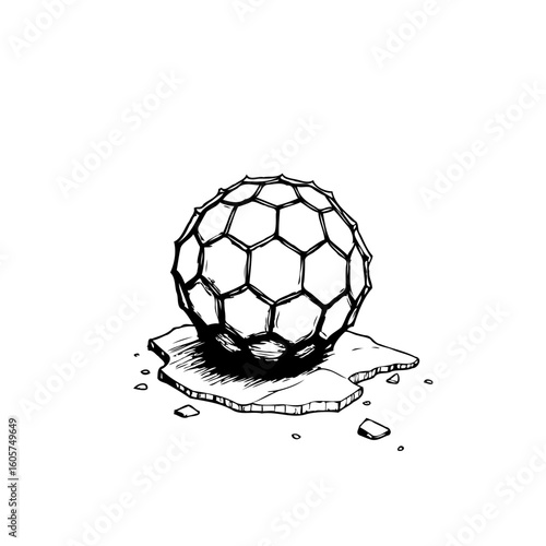 Geometric sphere melting on irregular surface illustration symbolizing ephemeral beauty and design fragility concept art