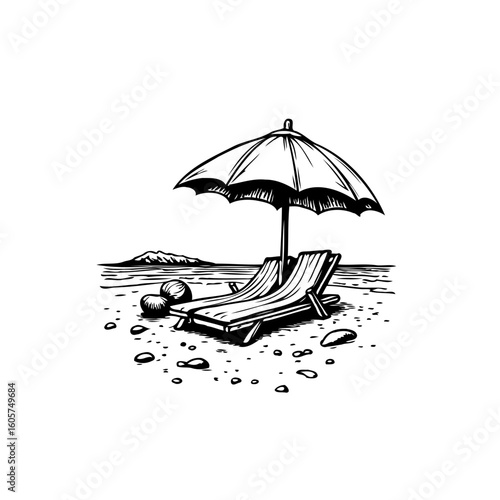 Monochrome beach scene illustration showing relaxation with an umbrella and lounge chair with peaceful vibes