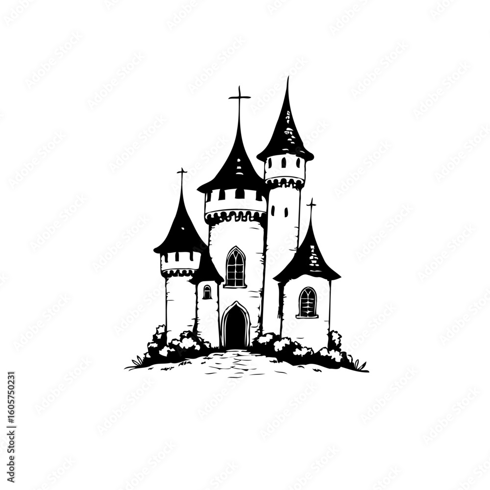 Obraz premium Enchanting medieval castle drawing in black and white evoking fairy tales and fantasy story illustration design