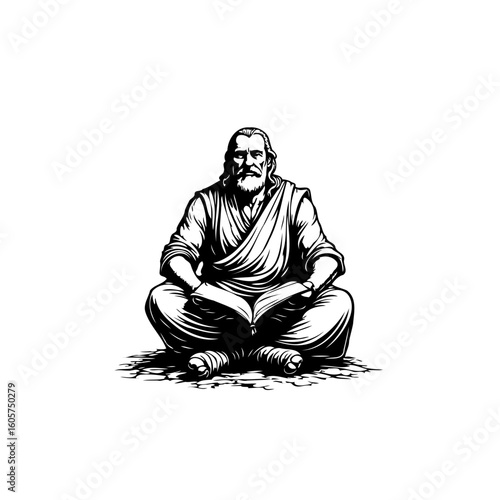 Meditating elder reading spiritual scriptures in a serene black and white minimalist illustration drawing for enlightenment