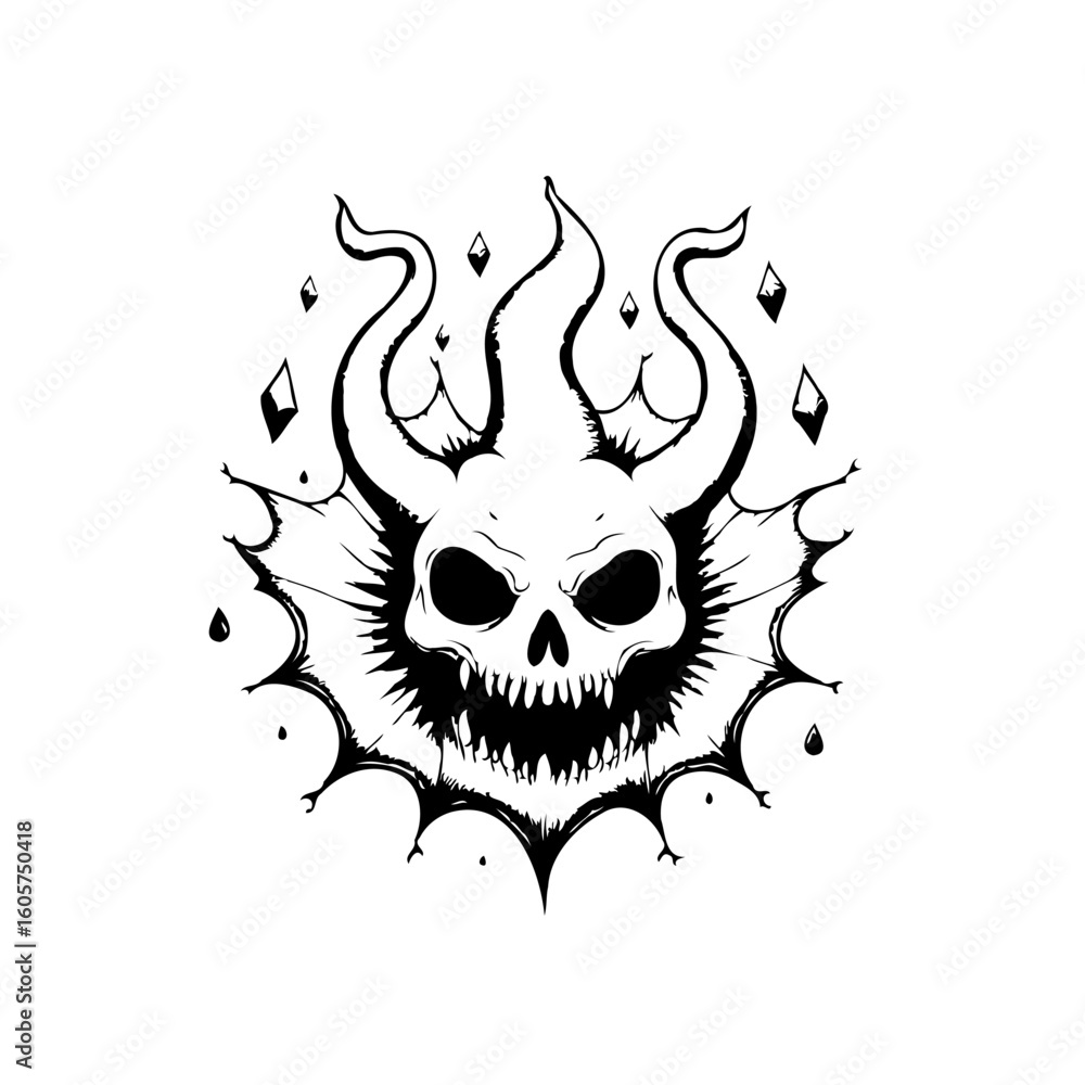 Fototapeta premium Intricate skull illustration with ethereal flames and geometric diamond accents for halloween and dark art