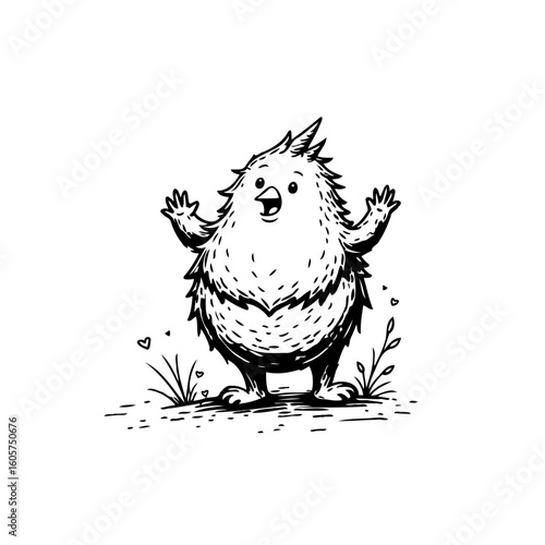 Whimsical black and white illustration of a joyful monster character in a charming garden setting so cute