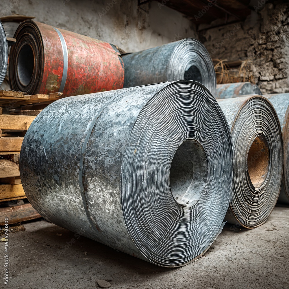 Large metal coils, tightly rolled, sit in a warehouse, ready for industrial use Large metal coils, tightly rolled, sit in a warehouse, ready for industrial use