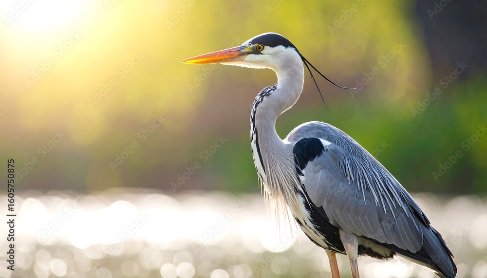 Fototapeta premium Elegant grey heron portrait with a beautiful sunlight bokeh background