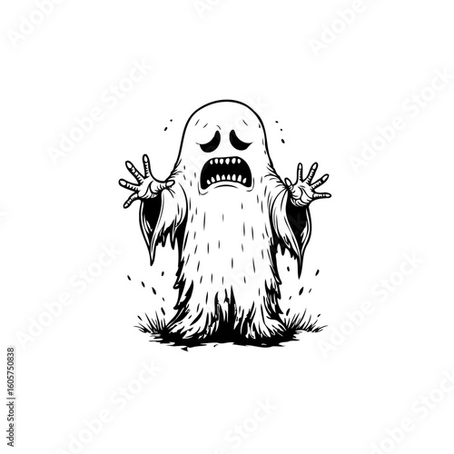 A Cartoon Ghost Vector Illustration Displaying a Frightened Expression with Raised Arms on Halloween Spooky