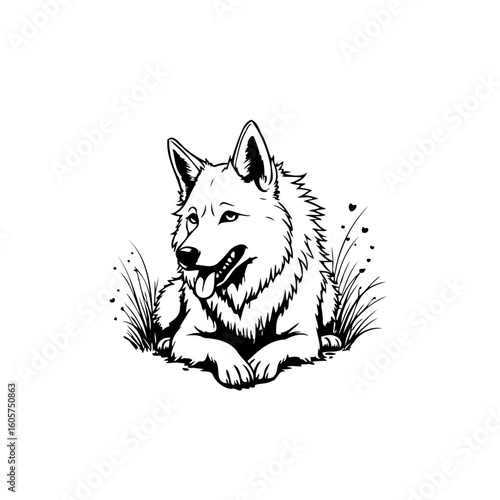 Detailed vector illustration capturing the serene gaze of a resting wolf surrounded by grass in black and white