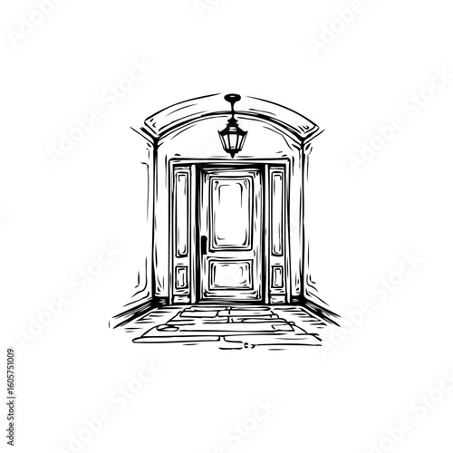 Elegant entryway with lantern illustration showcases architectural doorway and classic design perfect for architectural illustration projects
