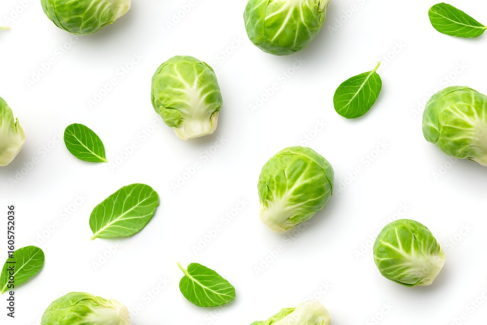 Obraz premium Brussels sprout and fresh green leaf on white background. Seamless food pattern in flat lay style for healthy eating and diet design.