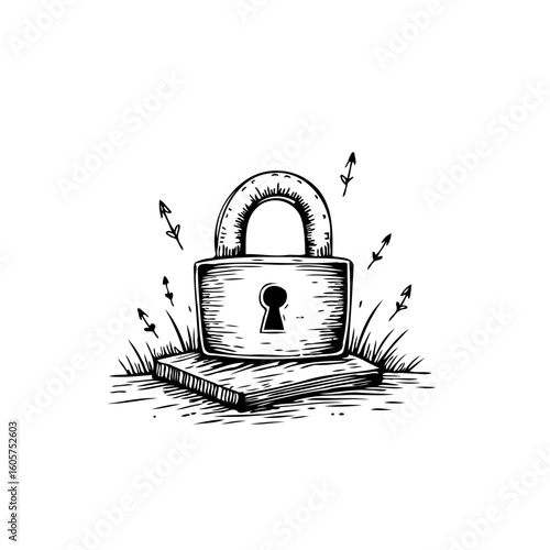 Monochromatic vintage padlock illustration symbolizing security safety and protection on small platform artistic drawing