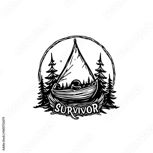 Vintage survival logo design featuring a small boat with a sail amidst trees with the word survivor