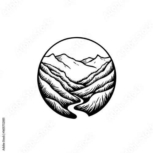 Mountainous valley scenery line art drawing for logo design and nature illustration with river flowing