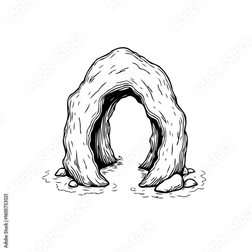 An old cave entrance drawn with detailed vintage line art style for book illustration or game asset