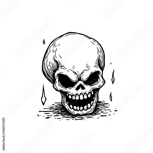 Skull illustration with menacing expression conveys dark themes and spooky halloween vibes and gothic illustrations