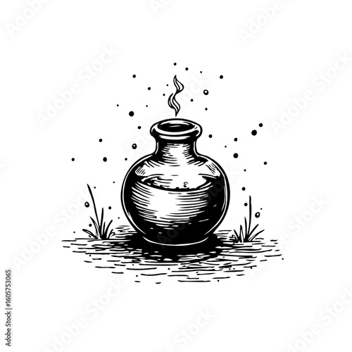 Magical potion brewing in a vintage cauldron illustration with enchanting smoke perfect for fantasy stories and games