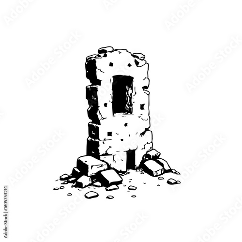 Monochrome depiction of a ruined ancient stone structure with a weathered and damaged appearance in black and white