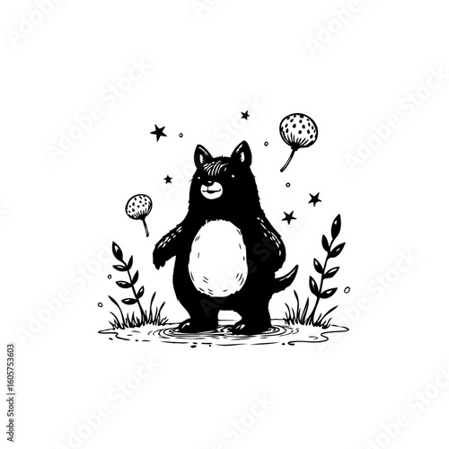 Whimsical wilderness: A delightful hand-drawn illustration of a charming bear amidst nature's enchantment with stars