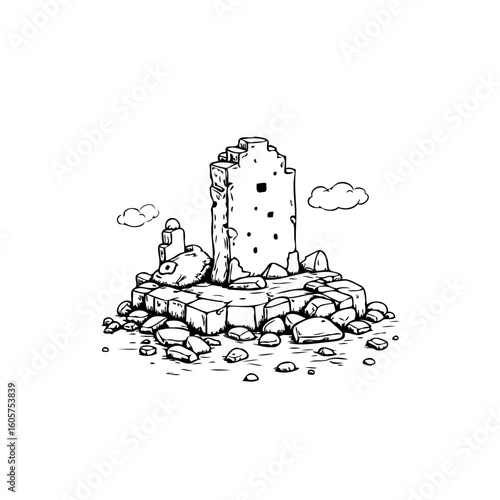 A detailed black and white illustration of ancient stone ruins evokes a sense of mystery and history