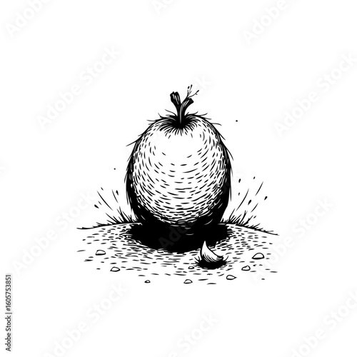 Whimsical ink drawing of a fuzzy fruit with a tiny leaf sprouting from its top set