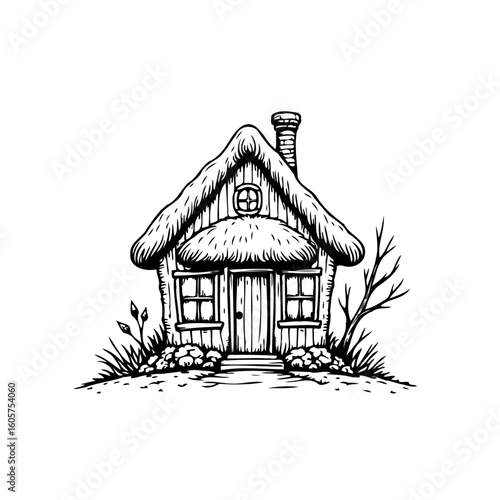Whimsical Cottage Illustration Showcasing a Quaint House with a Thatch Roof and Charming Details in Black and White