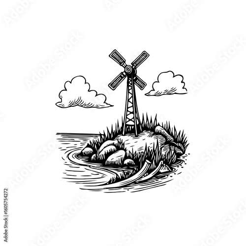 A scenic windmill illustration with clouds and water evoking peacefulness and simplicity for an artistic nature themed design