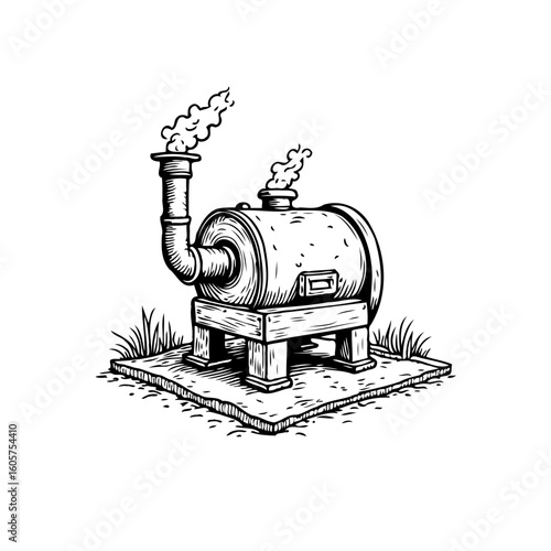 Vintage steam powered engine illustration emitting smoke offering a glimpse into historical industrial technology and power generation