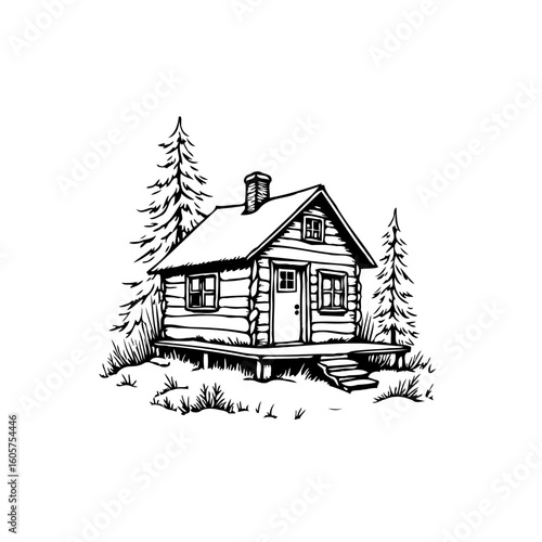 Hand drawn cozy cabin in the woods showing a peaceful retreat away from city noise with nature scenery