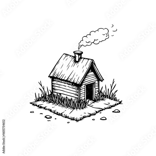 Whimsical hand drawn illustration of a rustic cabin with smoking chimney nestled among tall grasses a quaint scene
