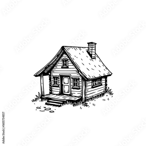 Illustration of a quaint cabin retreat embodying simple living and connection with nature in a peaceful setting