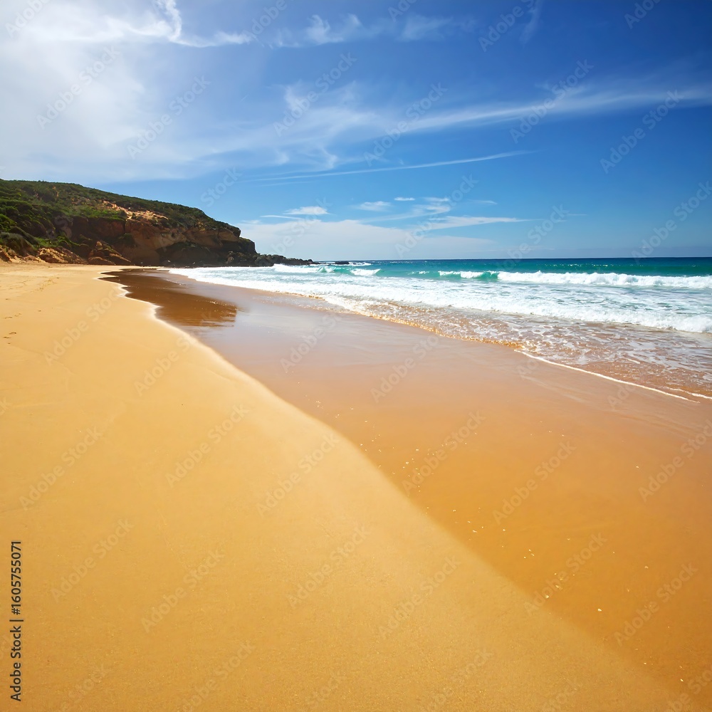 Golden beach meets azure sea Golden beach meets azure sea