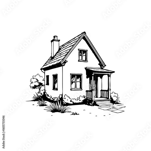 Charming black and white illustration of a cozy residential house with a welcoming porch and chimney isolated