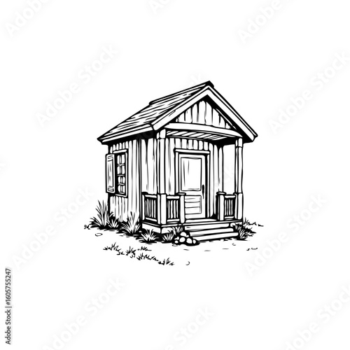 Charming minimalist monochrome line art drawing of a rustic cabin with porch and natural elements sketch