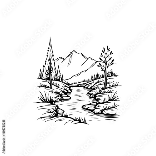 A beautiful landscape illustration featuring mountains trees and a winding river in black and white perfect for art prints