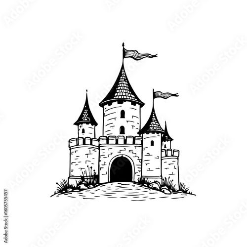 Enchanting castle illustration featuring towers flags and a charming architectural design creating a whimsical aesthetic evoking tales