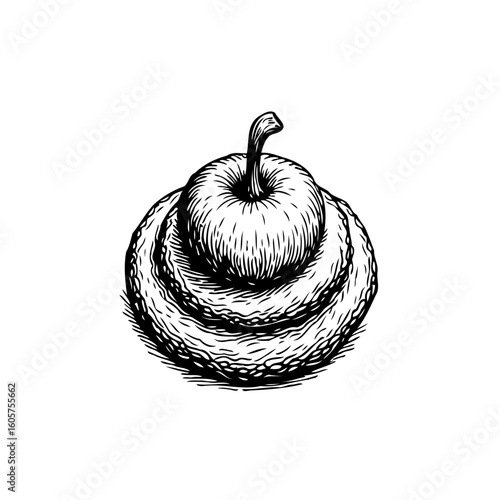 Engraved illustration showcasing a lone apple encircled by a textured organic shape, evoking natural imagery and handcrafted artistry