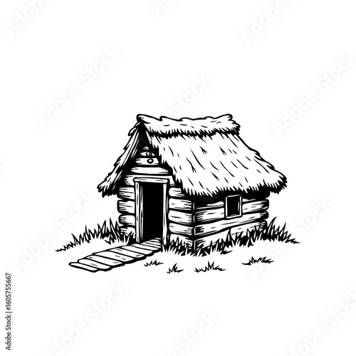 Charming old village log cabin with thatched roof and rustic wooden walkway illustration perfect design