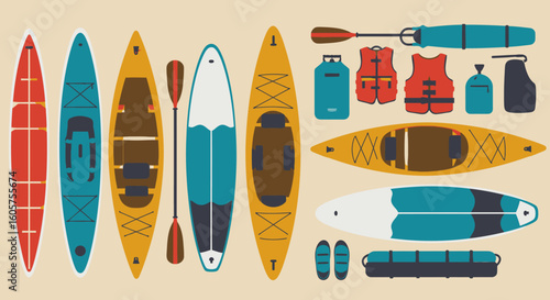A collection of kayaking and paddleboarding equipment for water sports. Flat design illustration of boats, paddles, and safety gear.