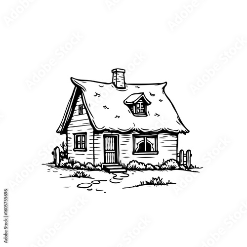 Charming vintage cottage illustration depicting rural tranquility simplicity architectural design showcasing old world charm and rustic elegance in detailed line art