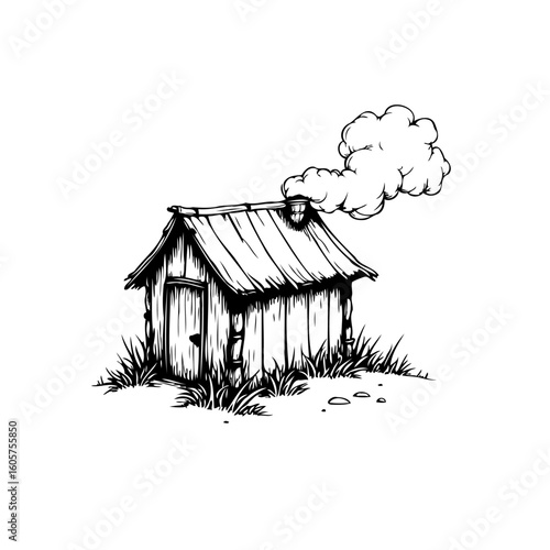 Hand drawn illustration of a small rustic cabin with smoke coming out the chimney evoking tranquility