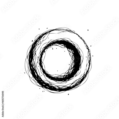 Abstract black and white scribble circle created with chaotic lines representing artistic expression and creativity