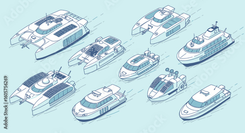 Isometric concept design of modern water transport vessels, including catamarans and ferries. A collection of sea travel boat illustrations.