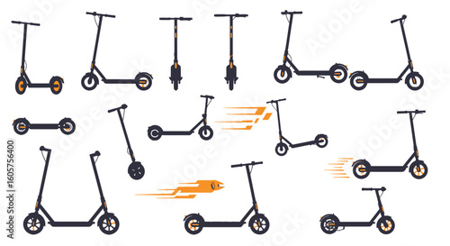 Vector illustration set of an electric scooter from multiple angles. Modern urban transport and eco-friendly mobility concept.