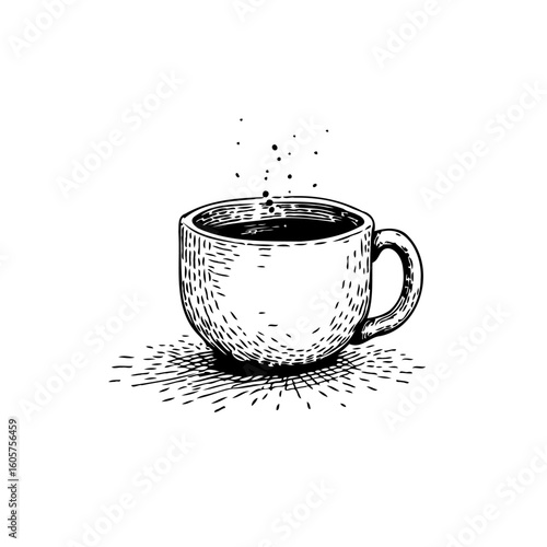 Hand drawn illustration featuring a cup of coffee with steam isolated on white background ready to enjoy