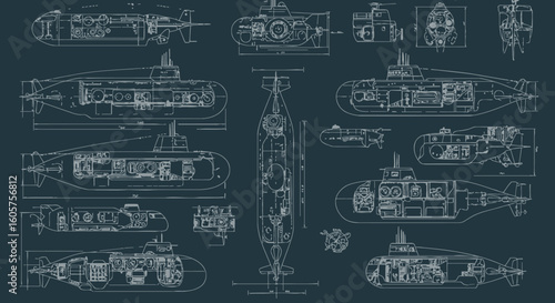 Detailed engineering blueprints of diverse submarine designs, revealing intricate internal mechanisms and technological concepts for naval architecture.