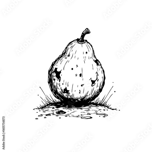 A detailed monochrome sketch of a ripe pear with blemishes creating a rustic feel in illustration