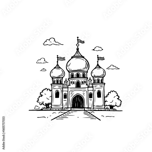 Architectural marvel of an Islamic mosque design drawn with intricate details and captivating artistic beauty