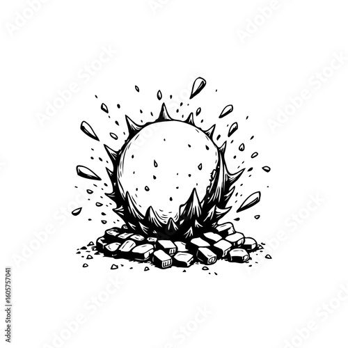 Mysterious spiky ball surrounded by debris, illustration of nature's strange beauty and raw power that captivating artwork