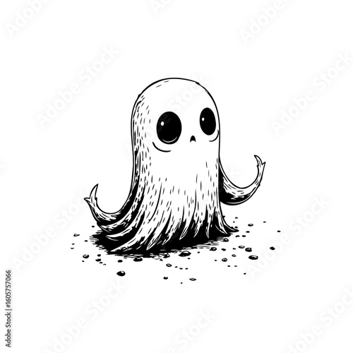 Whimsical halloween spirit an artistic hand drawn ghost character standing in mysterious darkness with a simple design