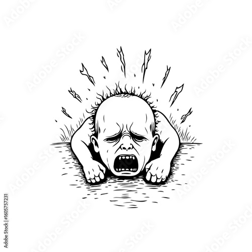 Distressed baby illustration in black and white with an anguished expression representing mental health and negative emotions