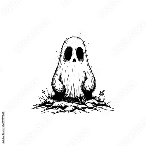 Spooky season drawing of a ghost on a pile of dirt, a cute illustration